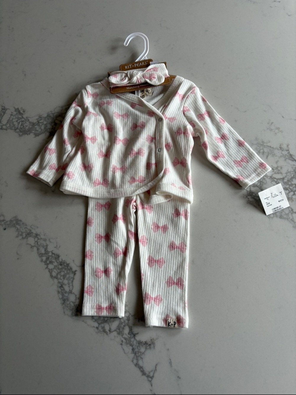 Pearl Cream Ribbed Set with Pink Bow Print and Headband